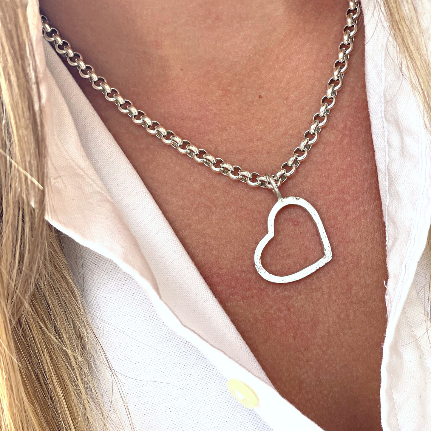 large heart outline sandcast chunky chain charm necklace