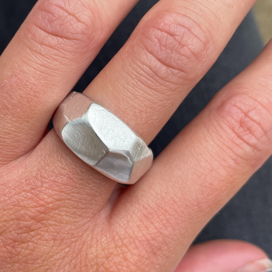 faceted geometric rustic silver sandcast ring