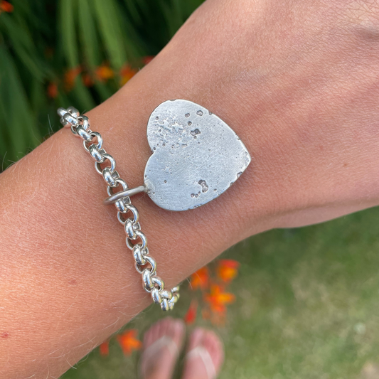 heavy silver large charm sandcast heart bracelet