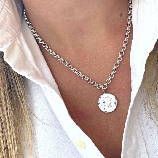 large round solid silver medallion sandcast chunky chain charm necklace