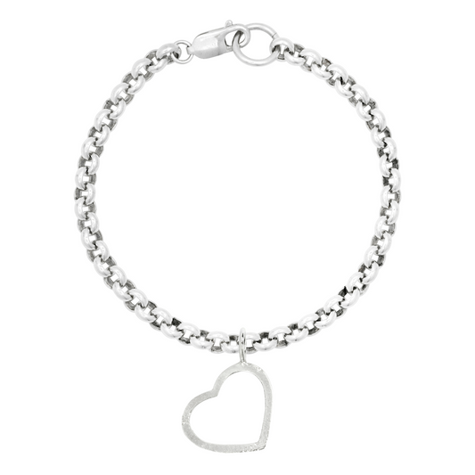 large sandcast open heart handmade heavy silver charm bracelet