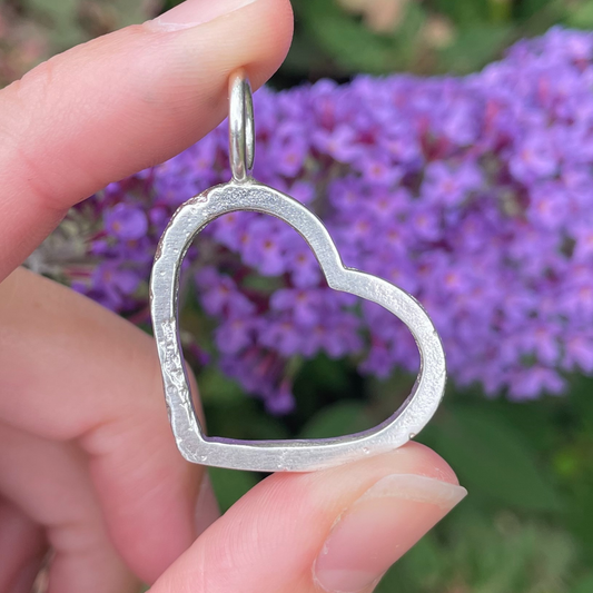 large silver open heart sandcast pendant charm