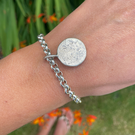 silver sandcast large round medallion charm bracelet