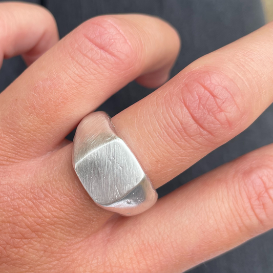 silver square signet ring handmade sandcast ring