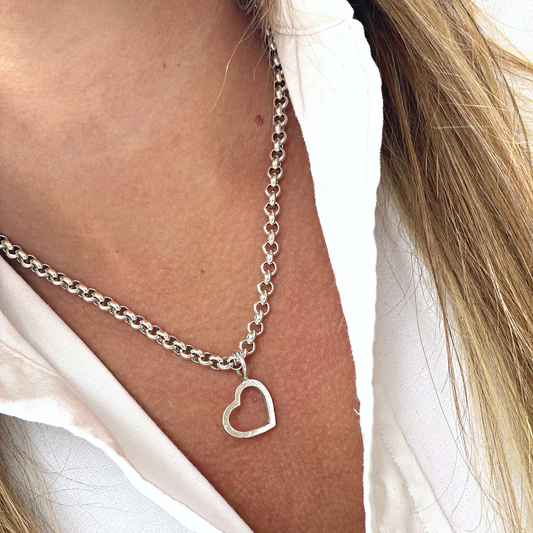 small open heart pendant sandcast chunky chain charm necklace