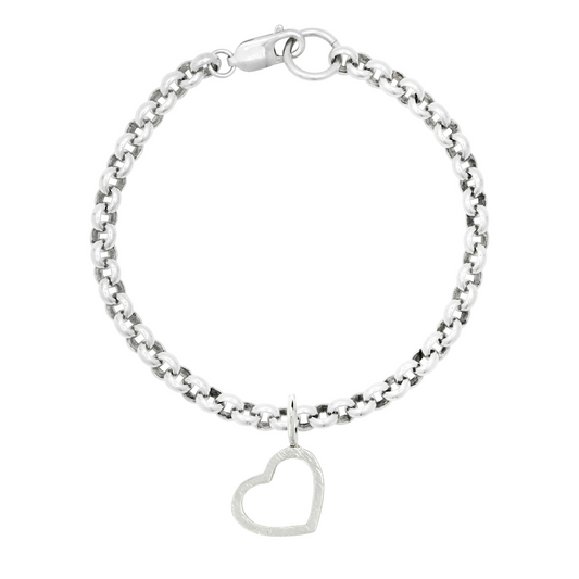 small sandcast open heart handmade heavy silver charm bracelet