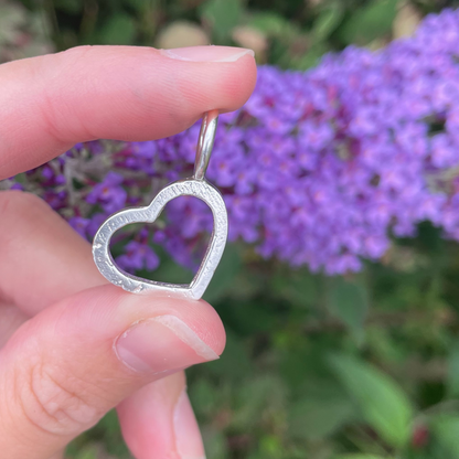 small solid silver open heart sandcast charm